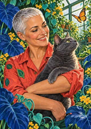 Smiling short-haired woman cradles a charcoal-gray cat as both look toward an orange butterfly in a leafy greenhouse.