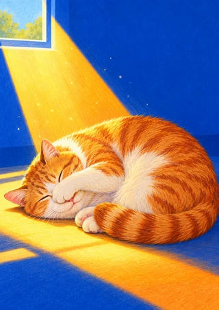 Ginger-and-white cat curled asleep beneath a diagonal golden sunbeam in a vivid cobalt-blue room.