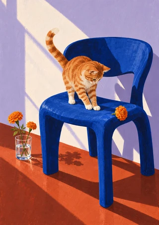 Striped ginger cat standing on a cobalt-blue chair and looking toward an orange marigold, with a glass of cut flowers on the floor.