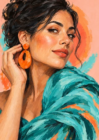 Close portrait of a woman adjusting a glossy orange drop earring, wearing a turquoise scarf against a warm blush background.