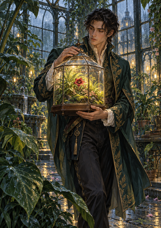 Adult-presenting person in an ornate dark green coat holding a glowing terrarium with ferns and a red flower in a greenhouse.