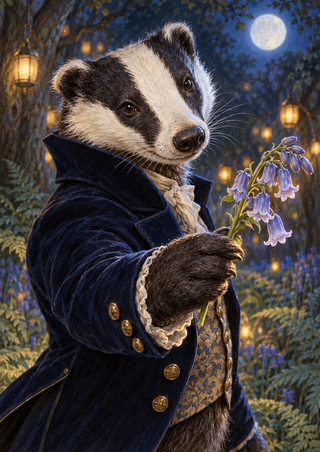 Badger in a dark blue formal coat holding purple-blue flowers in a moonlit woodland with glowing lanterns.
