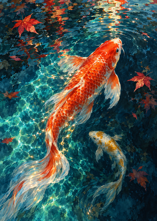 A large orange-red and white koi arcs upward through blue-green water above a smaller white-and-gold koi, surrounded by red maple leaves and surface highlights.