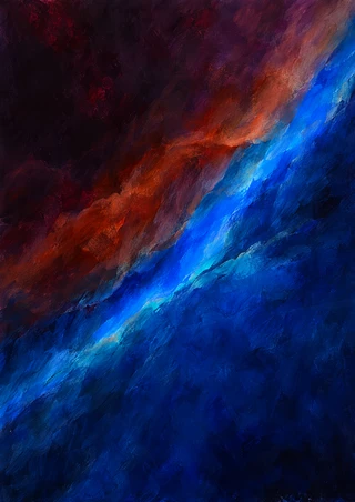 Luminous cobalt and ultramarine diagonal passage through deep plum, rust, and saturated blue painterly fields.