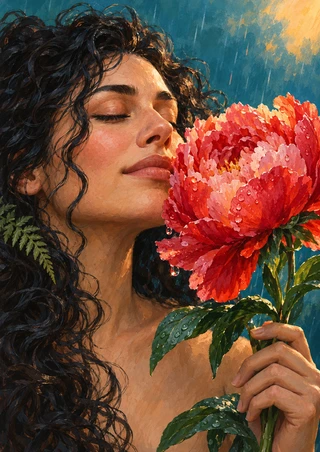 Adult woman with closed eyes smelling a rain-speckled coral-red peony, with dark curls and a fern against teal blue.