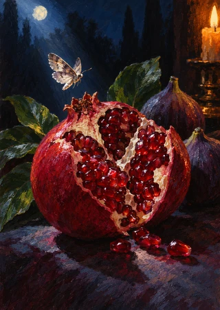 Split pomegranate with glossy ruby seeds, a hovering moth, dark leaves, two figs, a moon, and a candle.