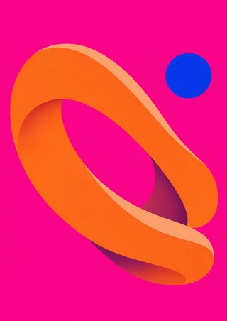 Orange ribbon-like loop and small blue circle on a vivid hot-pink background.