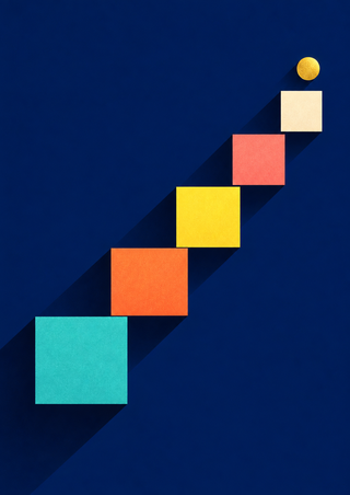 Five colorful squares ascend diagonally beneath a small gold circle, casting shadows on a deep blue background.