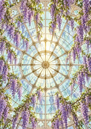 View beneath a symmetrical glass conservatory dome with radial ribs and inward-hanging violet wisteria lit from the center.