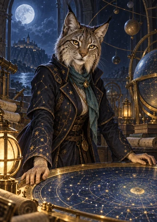Lynx-headed woman in an embroidered coat and teal scarf leaning over a glowing star chart amid instruments and a moonlit city.