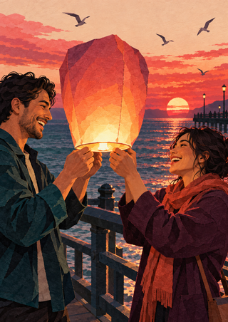 Two laughing adults hold a glowing lantern together beside a pier and sea at sunset, with gulls silhouetted in the sky.