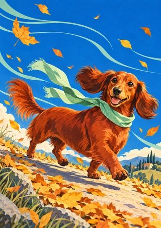 Long-haired reddish-brown dachshund trotting along an autumn path with a mint scarf streaming in the wind among golden leaves.