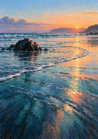 Reflective teal-blue shallows and a dark rock on a beach at dawn, with a hazy headland and apricot light near the horizon.
