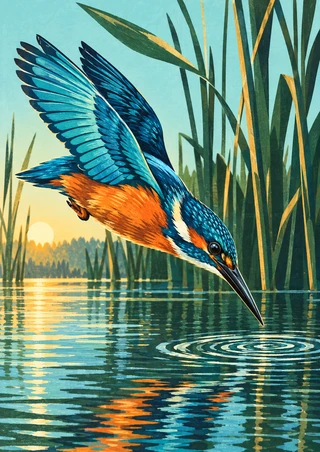 Blue-and-orange kingfisher diving toward a ringed ripple at dawn, with reeds and golden water reflections.