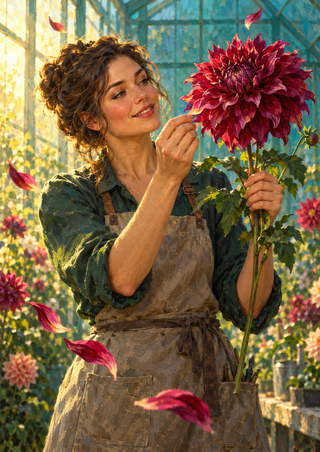 Adult woman florist in an apron admires a large magenta-red dahlia in a flower-filled greenhouse.