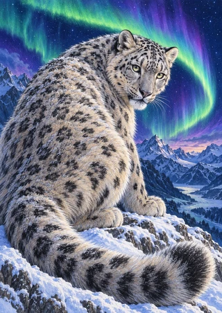 A snow leopard looks back over its shoulder from a snowy ledge beneath a green aurora and a dark mountain sky.
