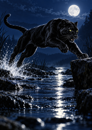 Black panther leaping over a moonlit rocky stream toward a ledge, with a splash and full moon above.
