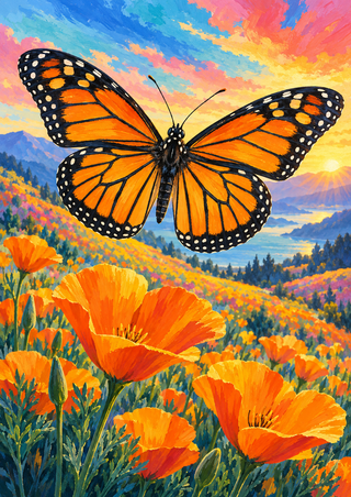 Orange-and-black butterfly with wings spread above orange poppies, blue flowers and greenery in a sunlit meadow.