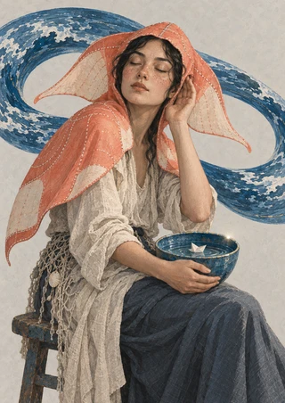 Seated adult wearing a coral manta-ray-shaped hood, listening beside a blue bowl with a paper boat as a blue wave loops behind.