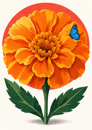 A large orange marigold-like flower with a blue butterfly on a petal, against a coral circle on warm white.