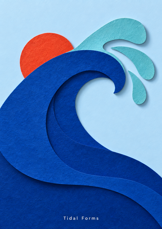 Layered ultramarine wave curling beneath turquoise spray shapes, with a partly obscured vermilion sun and small “Tidal Forms” lettering.