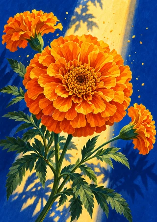 Three orange marigolds on green stems against an ultramarine background crossed by a strip of warm light.