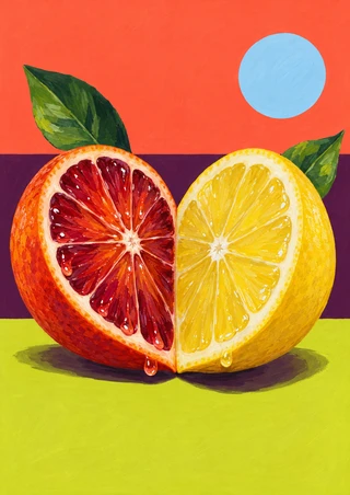 Blood orange and lemon halves with cut faces touching, green leaves and droplets against coral, plum and chartreuse bands.