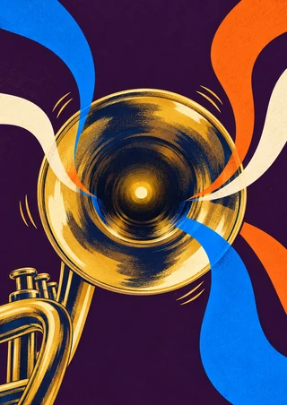 Large brass-and-indigo trumpet bell surrounded by blue, orange, and cream ribbon-like arcs on a deep plum background.