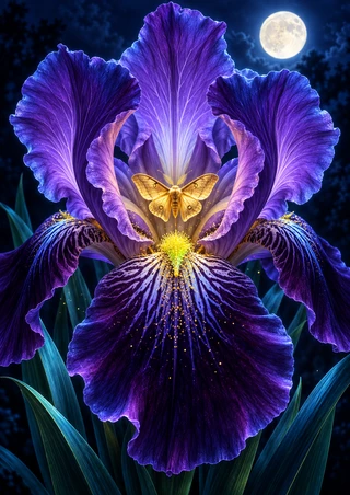 Large luminous violet iris with an amber moth at its center, turquoise foliage, glowing pollen, and a bright moon.
