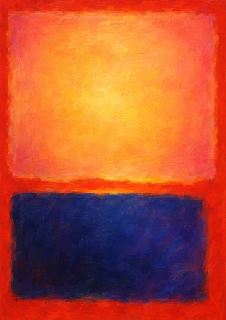 Glowing apricot-orange rectangle above a deep-indigo block, surrounded by vivid vermilion.