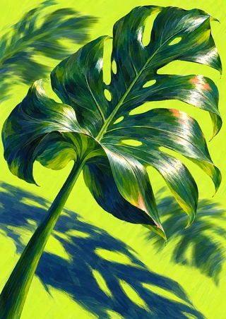 Large tilted monstera leaf with bright green veins and dark motion-like shadows on an electric-lime background.