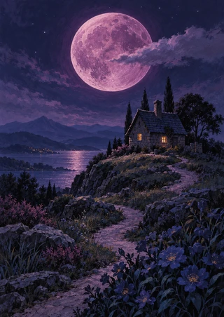 Small stone house with two glowing windows on a rocky hillside beneath a large cloud-veiled plum moon, with a winding path and dark flowers.