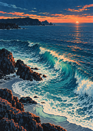 A large turquoise wave curls into a rocky cove, with dark foreground rocks, a distant headland and an apricot sunset.
