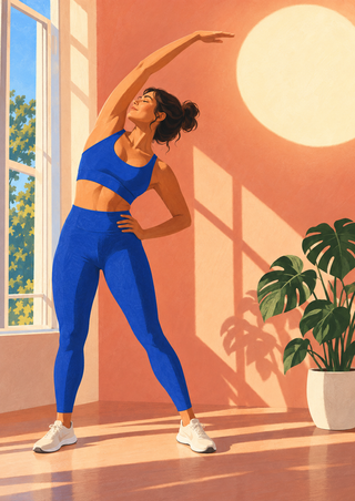 An adult woman in a cobalt workout outfit stretches beside a tall window, reaching toward a circle of warm sunlight above a potted plant.