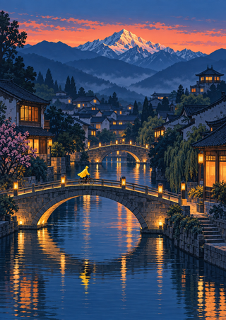 Small yellow-caped cyclist crossing an illuminated arched bridge over a canal beneath village rooftops and a snowy mountain.