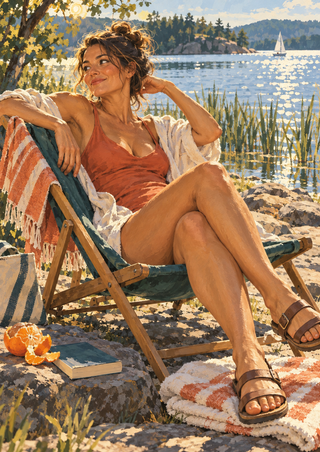 Adult woman reclines in a sling chair beside a lake, with striped towels, reeds, bright water, and a distant sailboat.