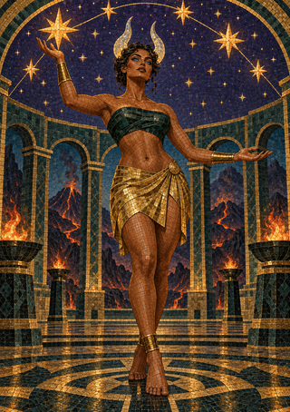 Horned woman in a gold skirt beneath a starry mosaic dome, surrounded by arches, braziers, and volcanic eruptions.
