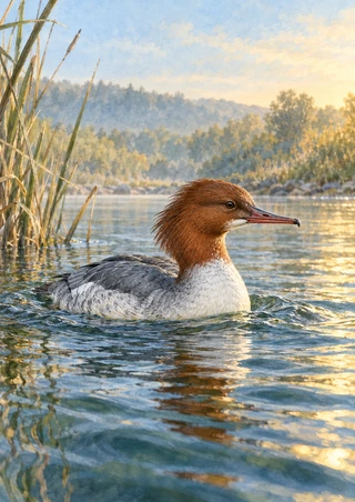 Russet-headed waterbird gliding across a river with reeds at left and a softly lit wooded bank behind.