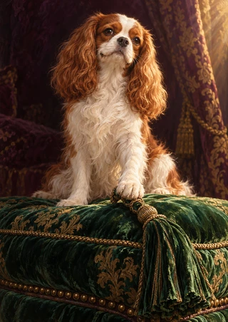 White-and-copper spaniel perched on a patterned emerald ottoman with one paw resting on a tassel, framed by dark plum drapery.