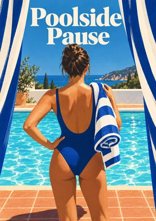 Rear view of a woman in a blue swimsuit holding a striped towel beside a turquoise pool, framed by blue-and-white cabana curtains with title lettering above.