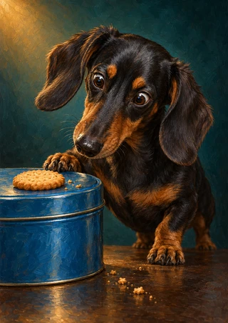 Black-and-tan dachshund leans over a blue biscuit tin beside a golden biscuit and crumbs.
