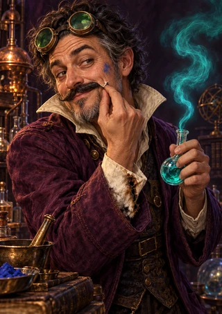 Curly-haired alchemist in a plum coat holds a turquoise-smoking vial and pinches a peeling fake mustache in a cluttered laboratory.