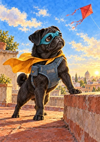 Masked black pug in a blue vest and saffron cape stands on a terracotta rooftop parapet, looking up at a red kite.