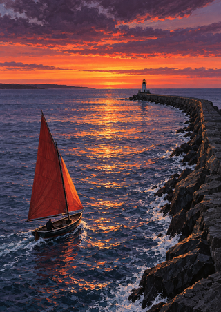 Small red-sailed skiff on sunset harbor water beside a dark curving stone breakwater leading to a distant lighthouse.