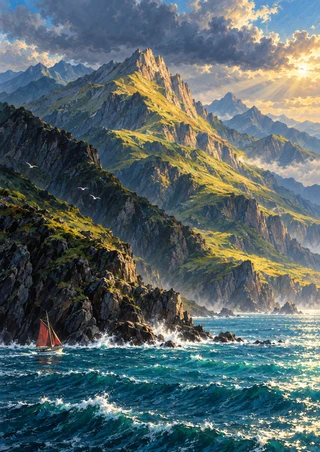 Dramatic sunlit coastal mountains above turquoise water, with a small red-sailed cutter, rocky headland, storm clouds, and seabirds.
