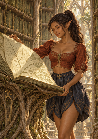 Pointed-ear woman studies an oversized open book on a branching stand in a warmly lit library with tall shelves and pointed-arch windows.