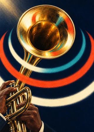 Close-up golden trumpet bell with cropped hands and brass tubing, surrounded by ivory, vermilion, and turquoise arcs on dark blue.