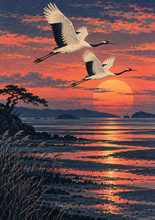 Two red-crowned cranes fly above indigo tidal water and coral sunset reflections, with a pine and reeds at the left.