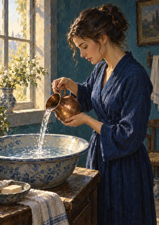 Adult woman in an indigo robe pouring water from a copper pitcher into a patterned ceramic basin beside a bright window.