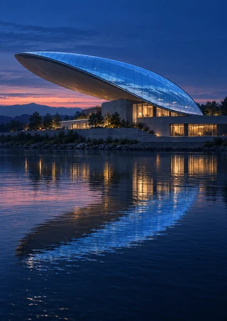 Curved blue-glass pavilion with warm lit windows reflected in a river beneath a rose-pink dusk horizon.